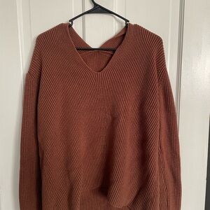 V-Neck Ribbed Knit Sweater - Rust